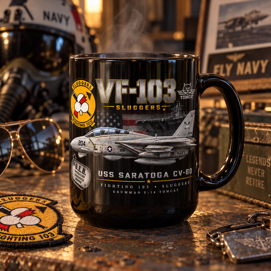 VF-103 Sluggers F-14 Tomcat USS Saratoga CV-60 Tribute – 15 oz Black Mug - Ships Free