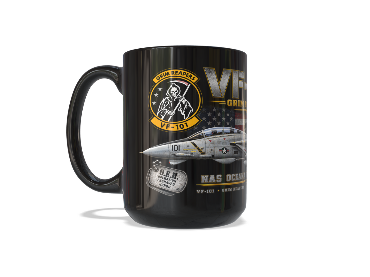 VF-101 Grim Reapers F-14 Tomcat – NAS Oceana 1987 – 15 oz Black Tribute Coffee Mug - Free Shipping