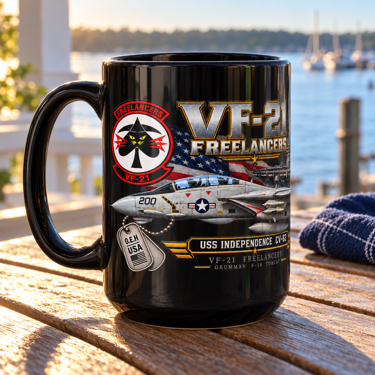 VF-21 Freelancers F-14 Tomcat Mug - Ships Free – USS Independence CV-62 | 15 oz Black Ceramic