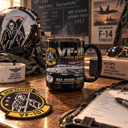 VF-101 Grim Reapers F-14 Tomcat – NAS Oceana 1987 – 15 oz Black Tribute Coffee Mug - Free Shipping