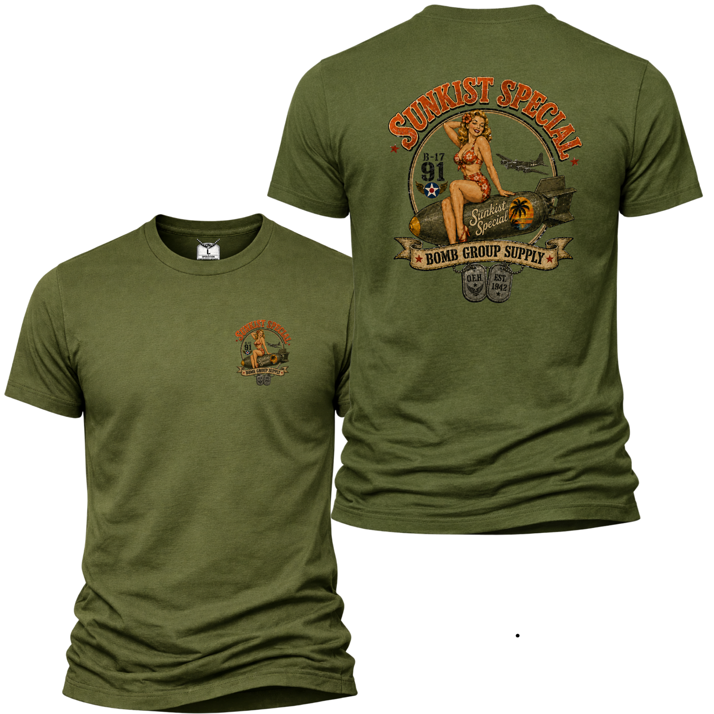 Sunkist Special B-17 WW2 Bomb Group Supply Shirt – Vintage WWII Nose Art Pin-Up Tee