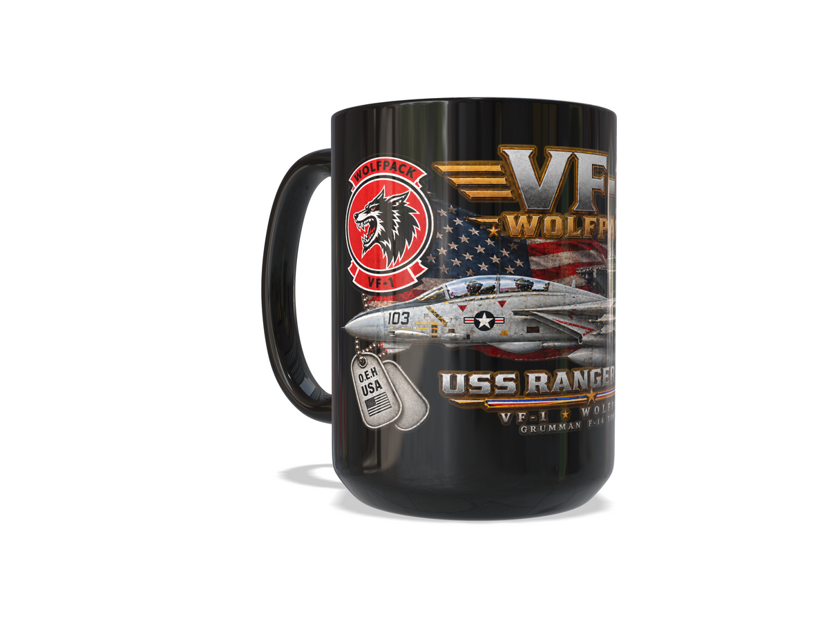 VF-1 Wolfpack F-14 Tomcat – USS Ranger CV-61 – 15 oz Black Military Aviation Mug