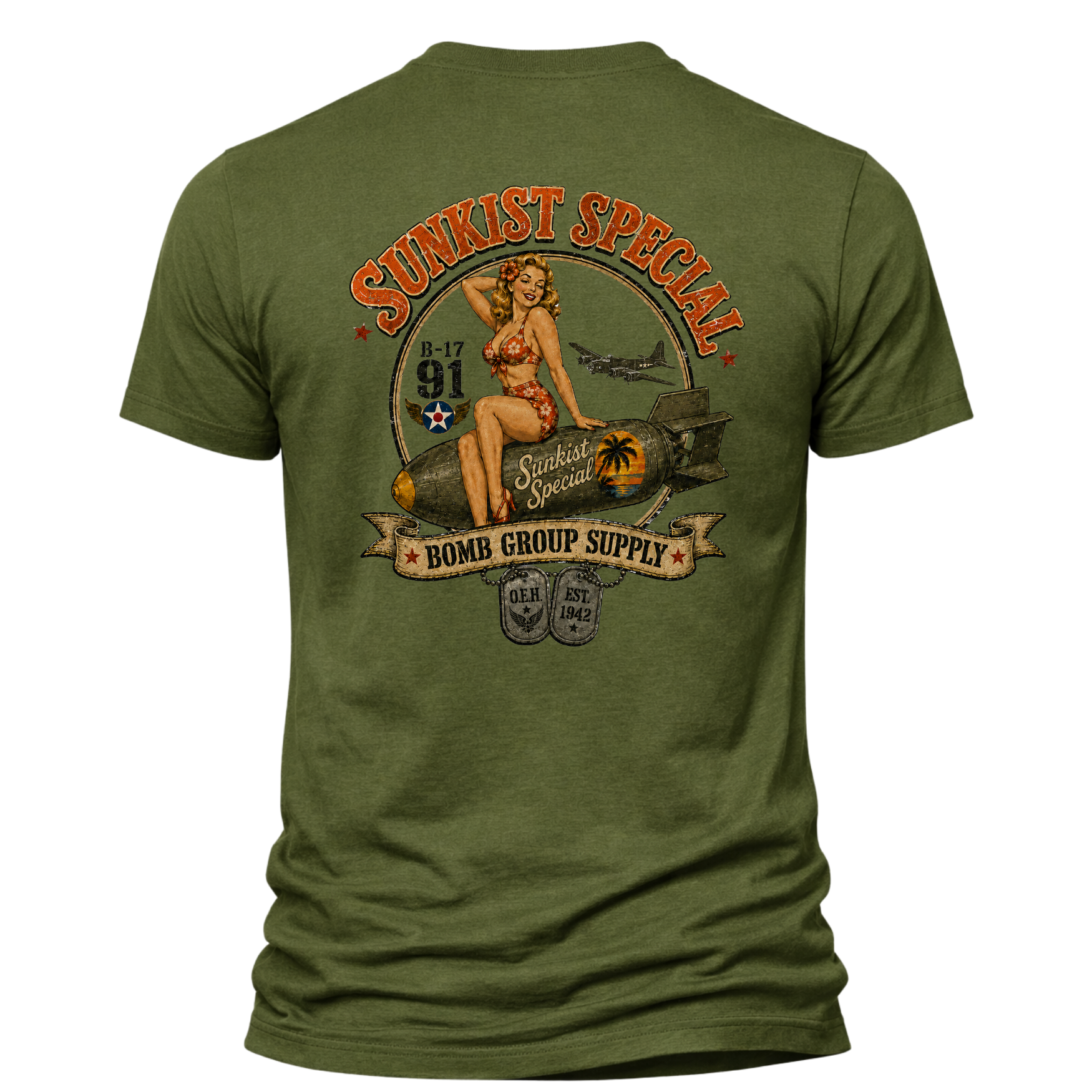 Sunkist Special B-17 Bomb Group Supply vintage WWII nose art pin-up shirt design with bomber silhouette and OEH dog tags