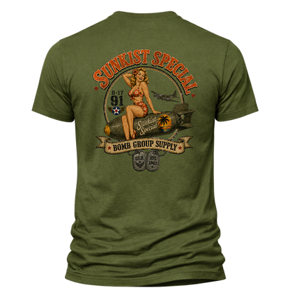 Sunkist Special B-17 Bomb Group Supply vintage WWII nose art pin-up shirt design with bomber silhouette and OEH dog tags