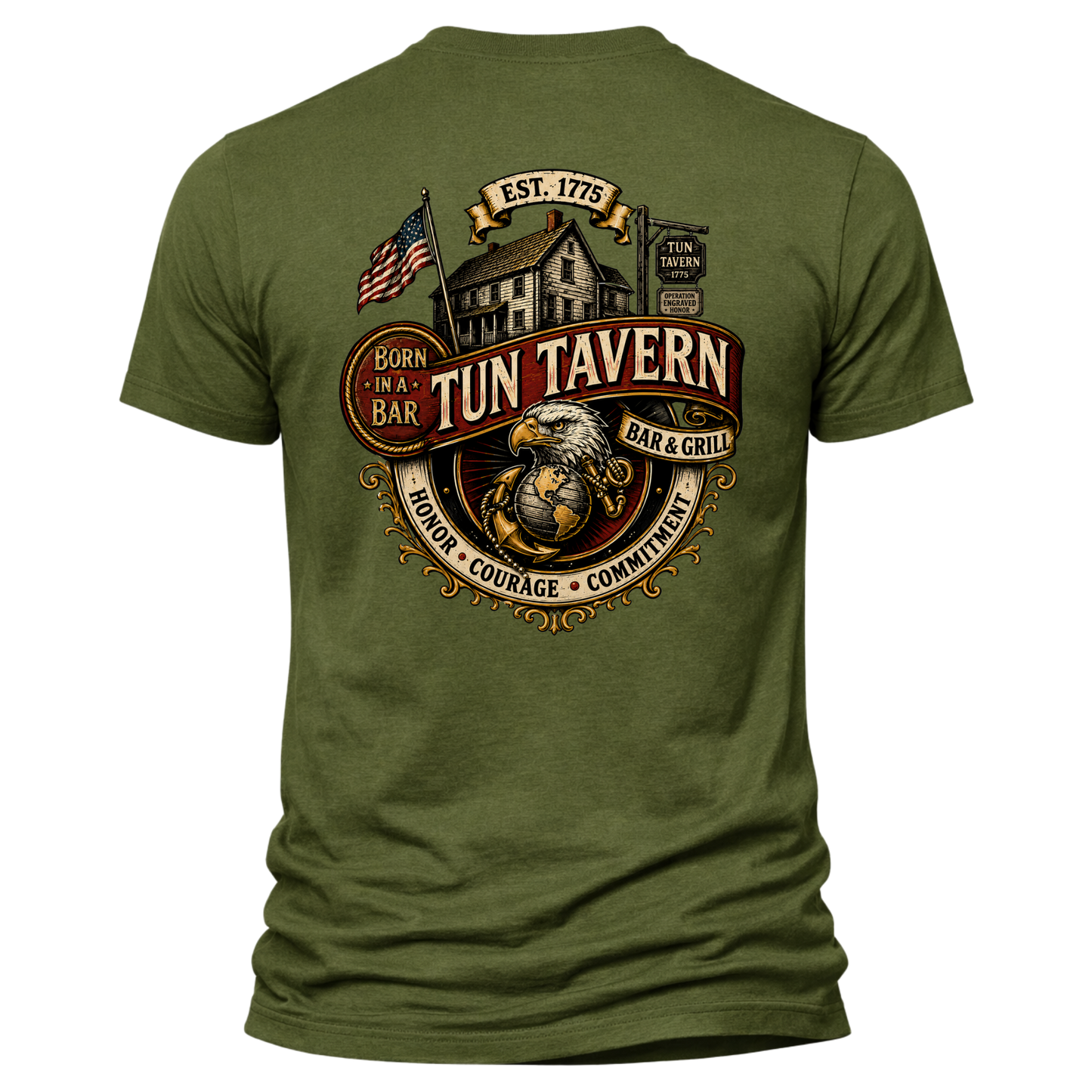 Tun Tavern Marine Tribute Shirt – Born in a Bar Est. 1775 Bar & Grill Tee