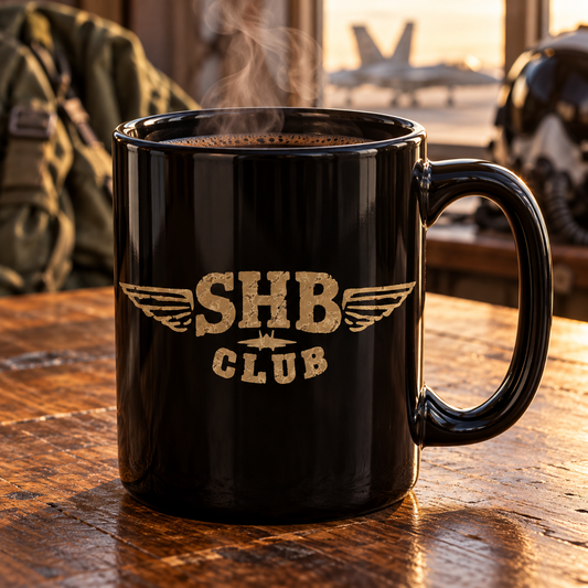SHB Club “Shit Hot Break” Aviation Mug – Ships Free - 15 oz Black Ceramic