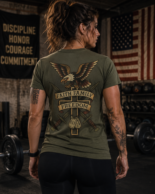 Faith Family Freedom Eagle Cross OEH T-Shirt – Patriotic Military Heritage Shirt