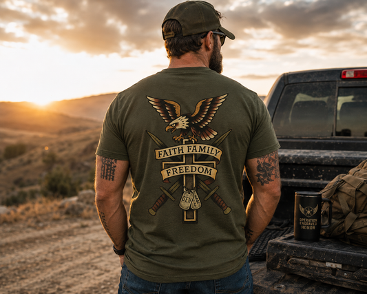 Faith Family Freedom Eagle Cross OEH T-Shirt – Patriotic Military Heritage Shirt