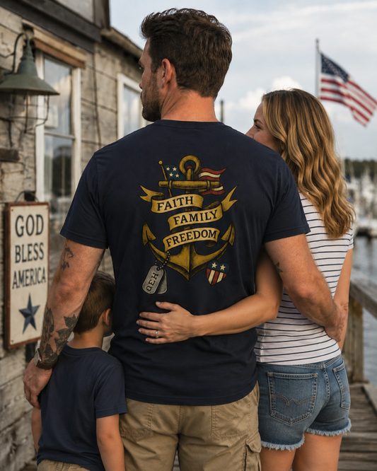 Faith Family Freedom Anchor OEH T-Shirt – Patriotic Sailor Jerry Military Heritage Shirt