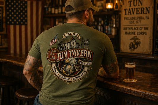 Tun Tavern Marine Tribute Shirt – Born in a Bar Est. 1775 Bar & Grill Tee
