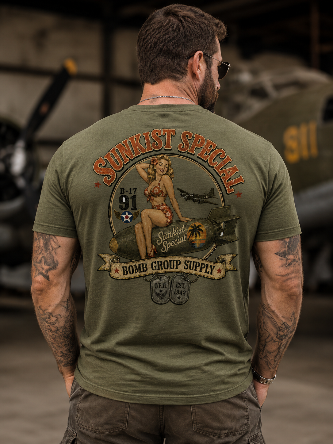Vintage WWII nose art pin-up B-17 bomber shirt with Operation Engraved Honor dog tags