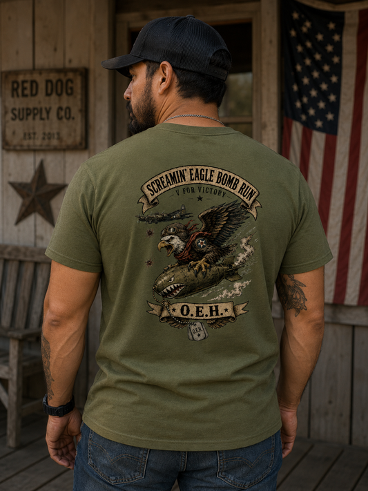 Screamin’ Eagle Bomb Run Shirt – Operation Engraved Honor WWII Bomber Nose Art Tee