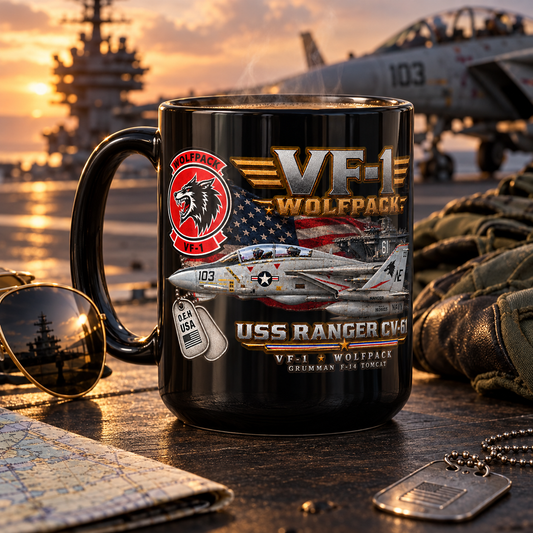 VF-1 Wolfpack F-14 Tomcat – USS Ranger CV-61 – 15 oz Black Military Aviation Mug