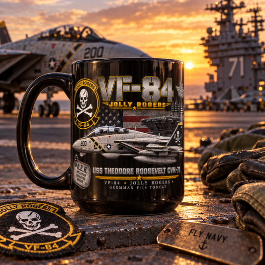 VF-84 Jolly Rogers F-14 Tomcat USS Theodore Roosevelt CVN-71 – 15 oz Black Tribute Mug - Ships Free