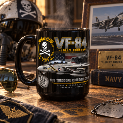 VF-84 Jolly Rogers F-14 Tomcat USS Theodore Roosevelt CVN-71 – 15 oz Black Tribute Mug - Ships Free