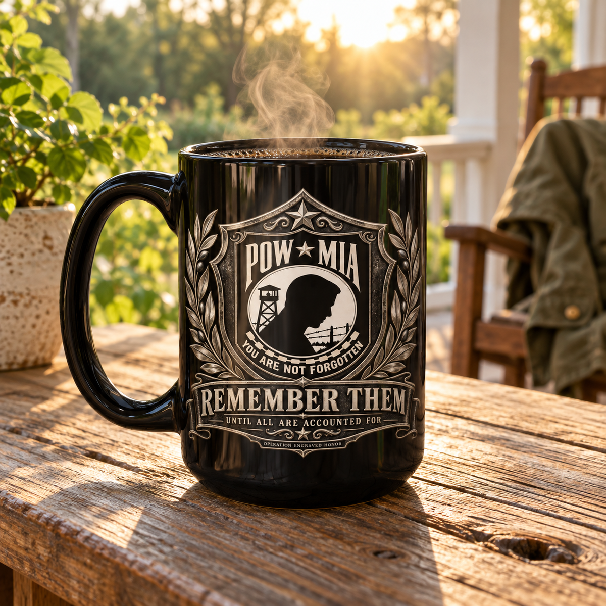 POW/MIA “Never Forgotten” Eagle Memorial Mug – 15 oz Black Ceramic | OEH - Ships Free