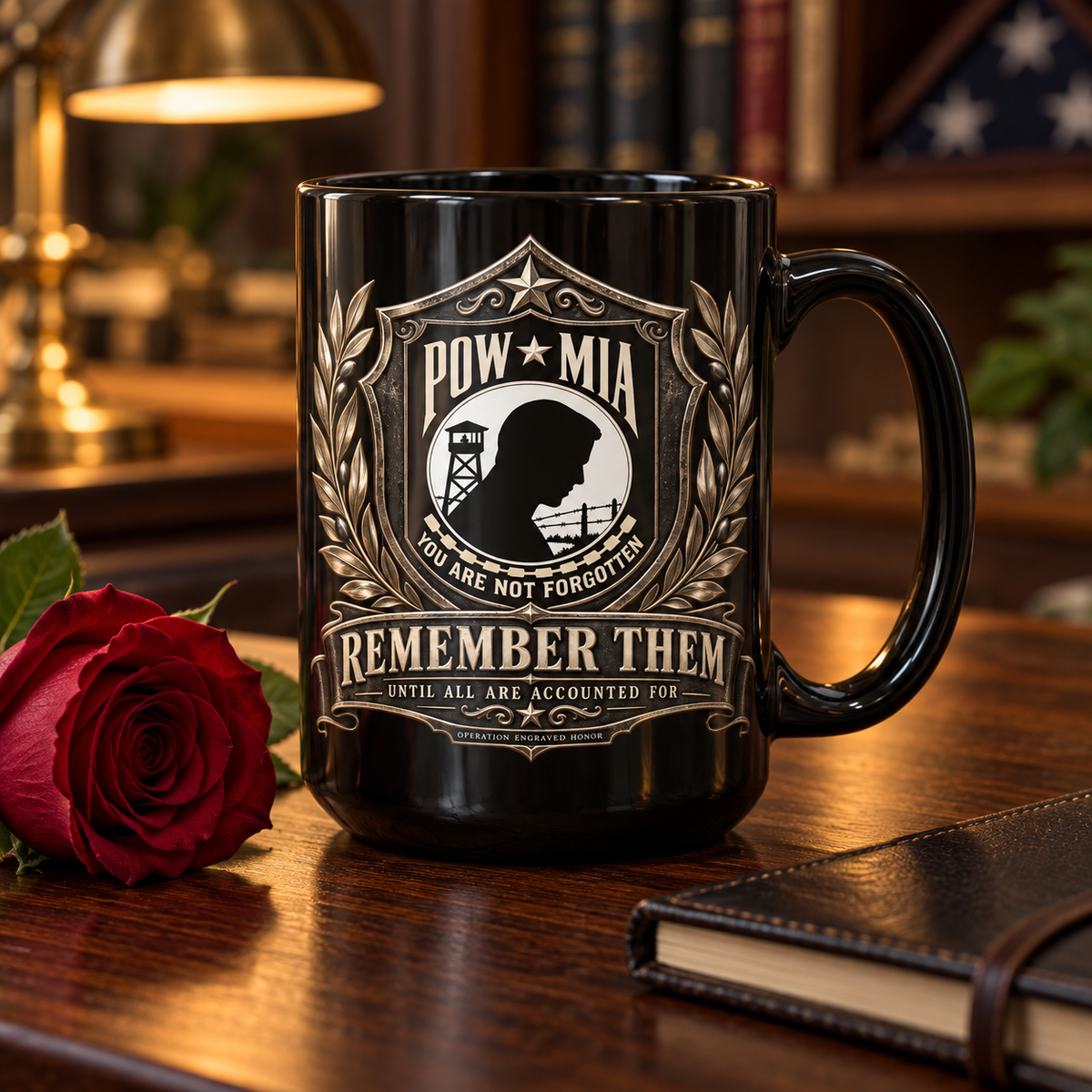 POW/MIA “Never Forgotten” Eagle Memorial Mug – 15 oz Black Ceramic | OEH - Ships Free