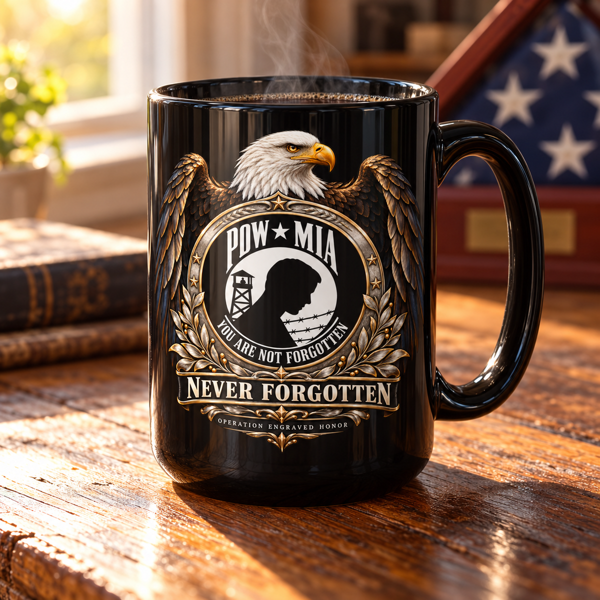 POW/MIA “Never Forgotten” Eagle Memorial Mug – 15 oz Black Ceramic | OEH - Ships Free