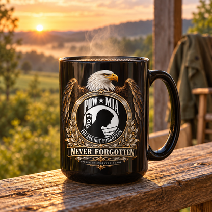 POW/MIA “Never Forgotten” Eagle Memorial Mug – 15 oz Black Ceramic | OEH - Ships Free