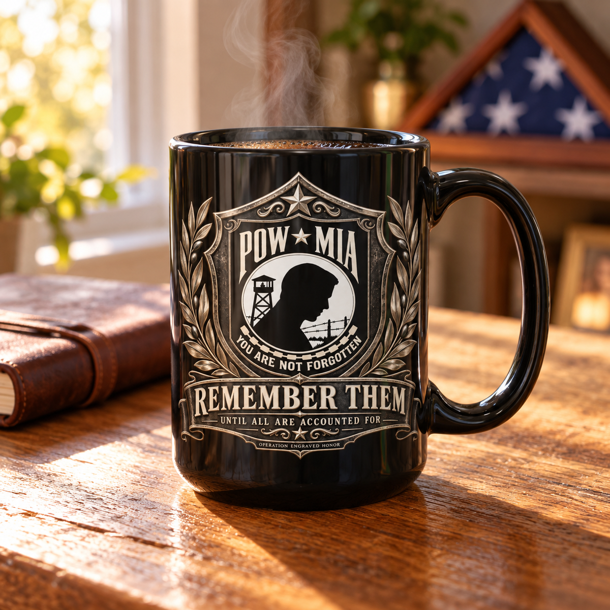 POW/MIA “Never Forgotten” Eagle Memorial Mug – 15 oz Black Ceramic | OEH - Ships Free