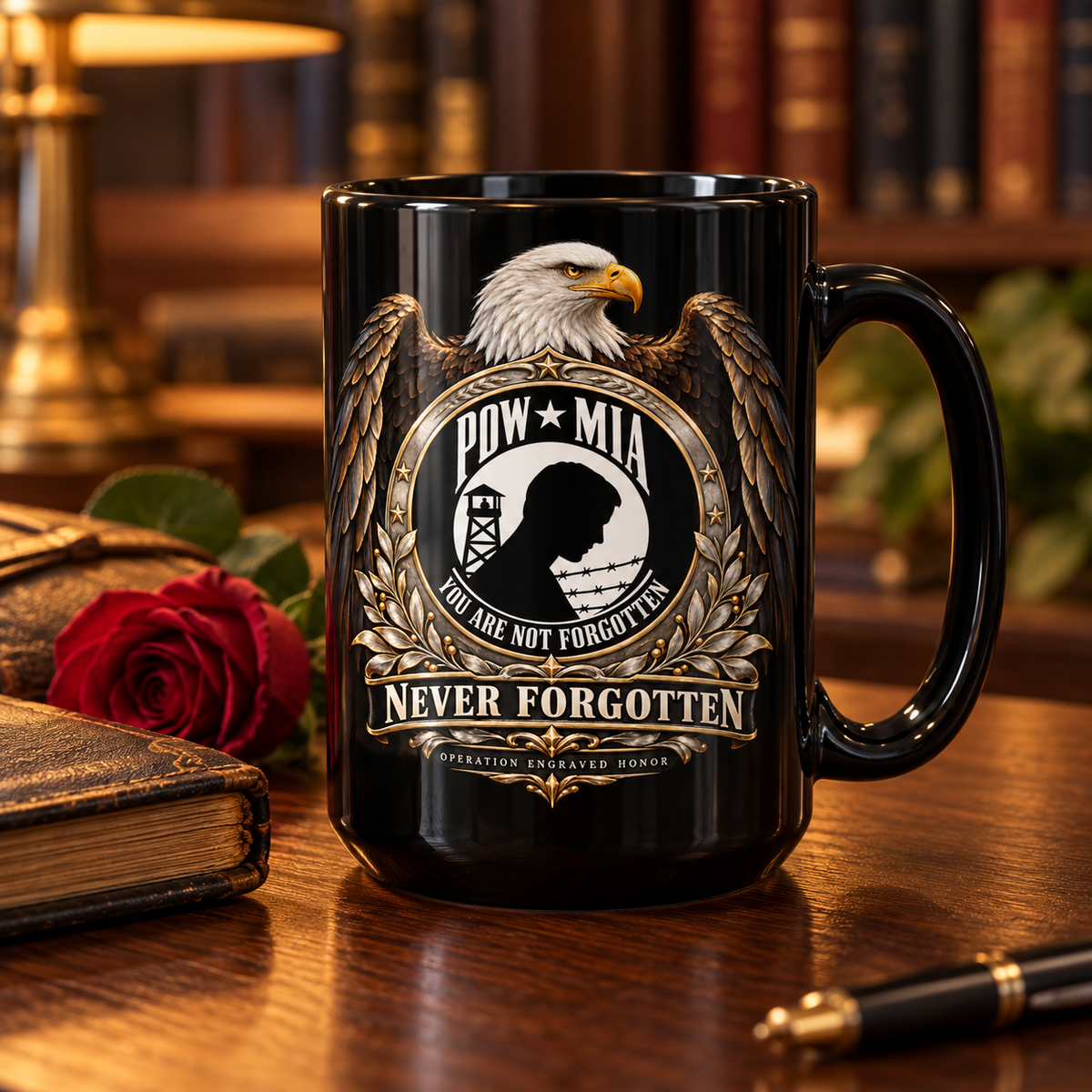 POW/MIA “Never Forgotten” Eagle Memorial Mug – 15 oz Black Ceramic | OEH - Ships Free