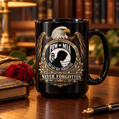 POW/MIA “Never Forgotten” Eagle Memorial Mug – 15 oz Black Ceramic | OEH - Ships Free