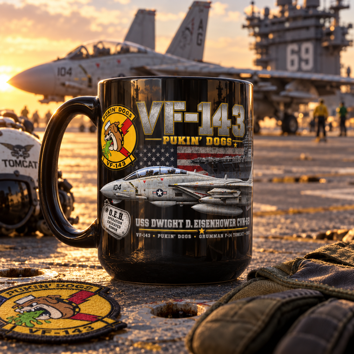 VF-143 Pukin’ Dogs F-14A+ Tomcat – USS Dwight D. Eisenhower CVN-69 – 1990 – 15 oz Black Mug