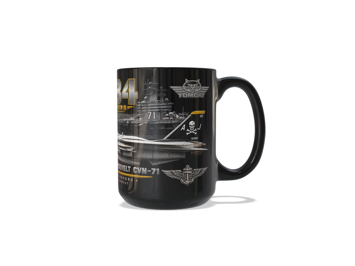 VF-84 Jolly Rogers F-14 Tomcat USS Theodore Roosevelt CVN-71 – 15 oz Black Tribute Mug - Ships Free