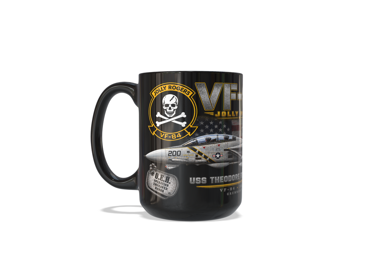 VF-84 Jolly Rogers F-14 Tomcat USS Theodore Roosevelt CVN-71 – 15 oz Black Tribute Mug - Ships Free