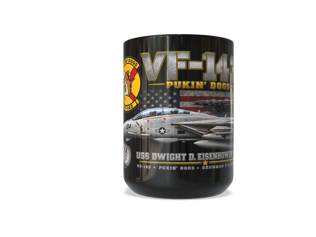 VF-143 Pukin’ Dogs F-14A+ Tomcat – USS Dwight D. Eisenhower CVN-69 – 1990 – 15 oz Black Mug