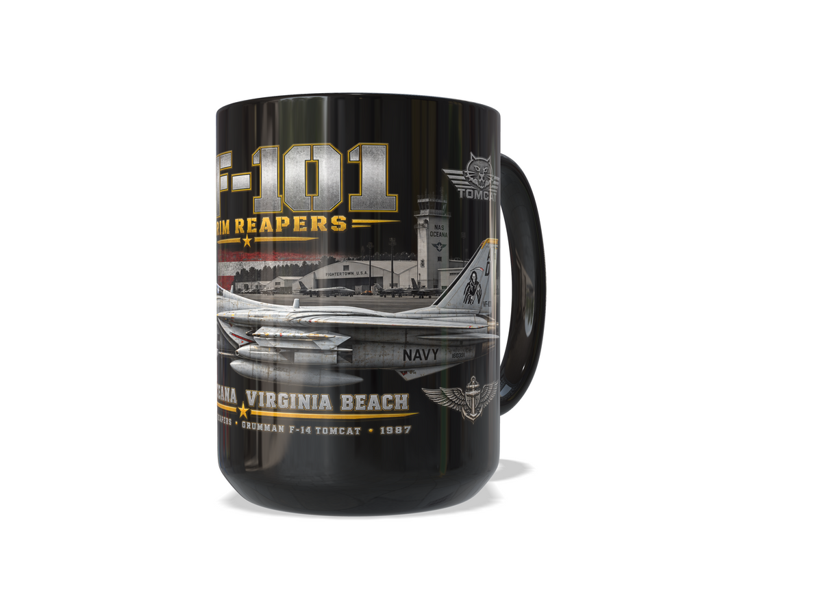 VF-101 Grim Reapers F-14 Tomcat – NAS Oceana 1987 – 15 oz Black Tribute Coffee Mug - Free Shipping