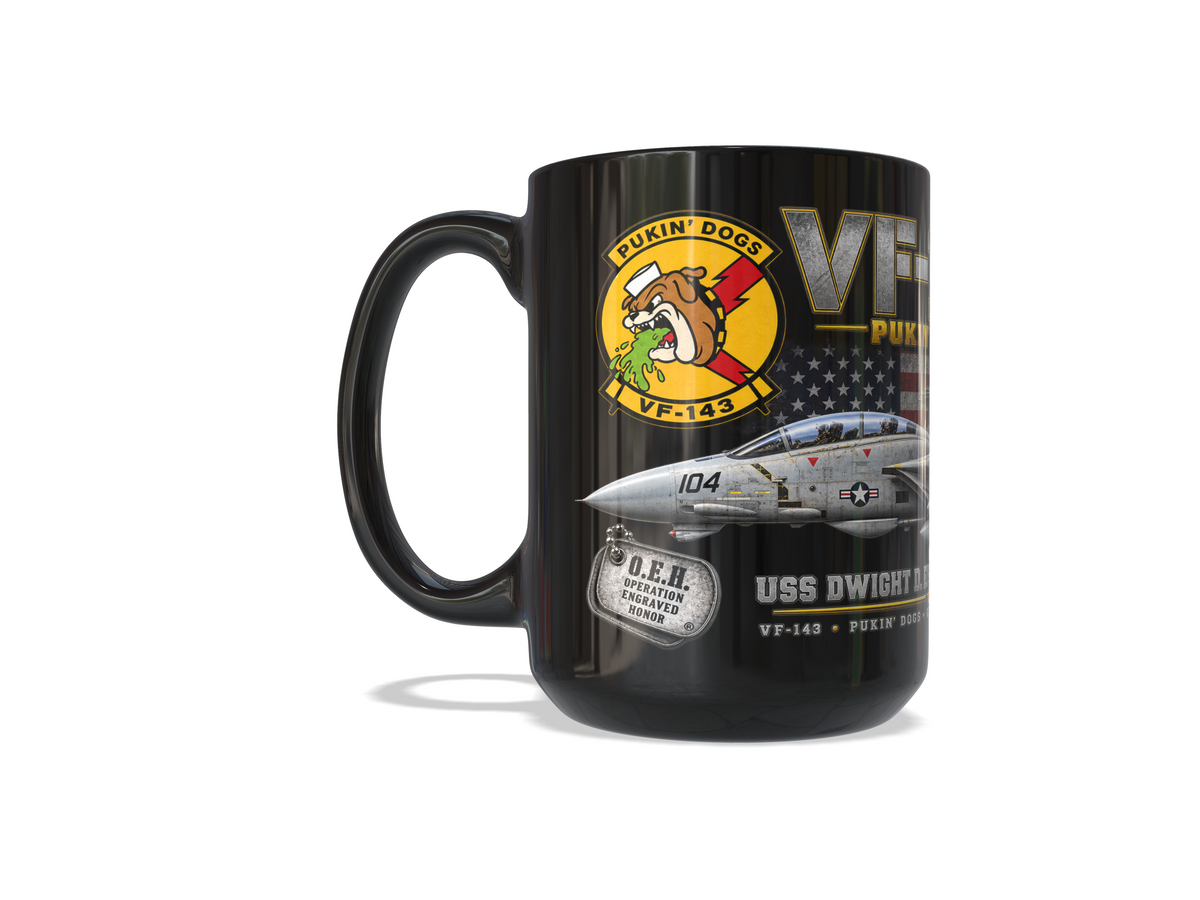 VF-143 Pukin’ Dogs F-14A+ Tomcat – USS Dwight D. Eisenhower CVN-69 – 1990 – 15 oz Black Mug