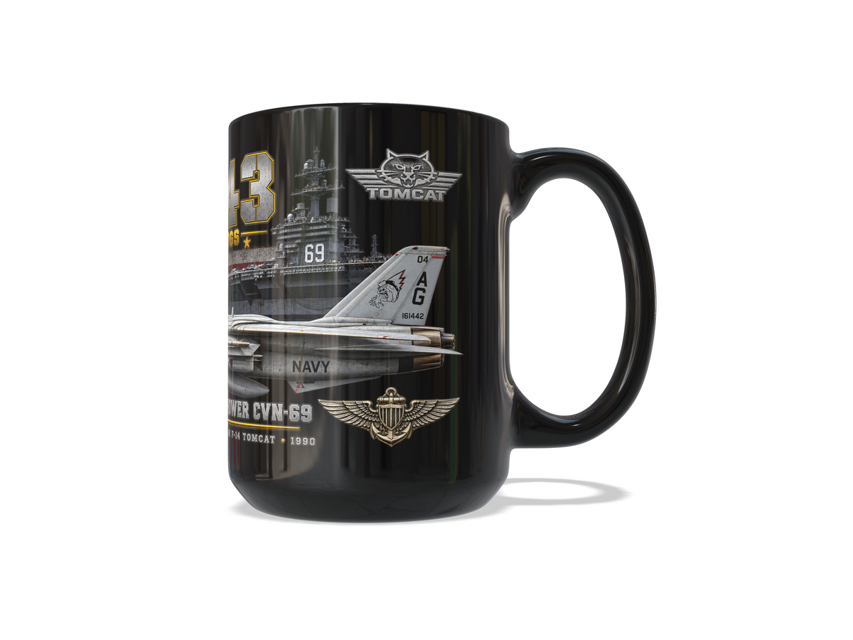 VF-143 Pukin’ Dogs F-14A+ Tomcat – USS Dwight D. Eisenhower CVN-69 – 1990 – 15 oz Black Mug